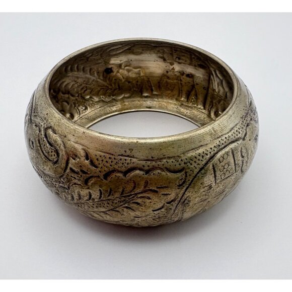 Vintage Brass Elephant Wide Bangle Bracelet Boho Ethnic Floral Style Artisan - Picture 7 of 8